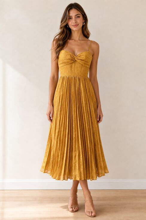 Unbranded Dresses & Skirts - Yellow Pleated Midi Dress with Adjustable Straps Sz 7